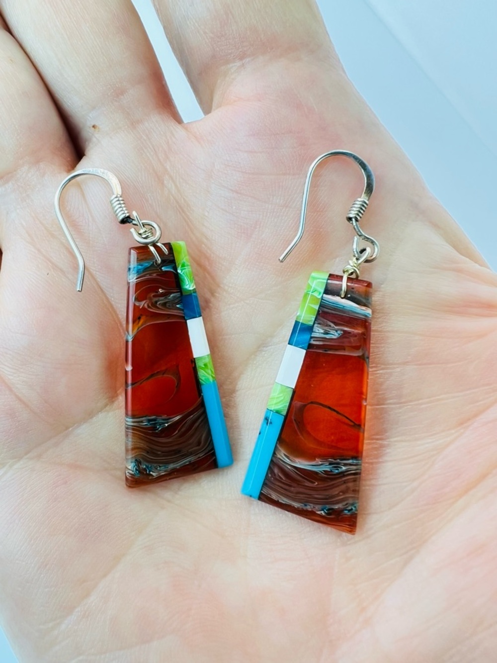 Native American Artisan Earrings Inlay Dangle Southwest Style Multicolor 2”